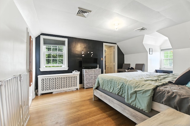 567 Bunker Hill Ave, Waterbury, CT 06708 - bedroom with radiator heating unit, lofted ceiling, and wood finished floors