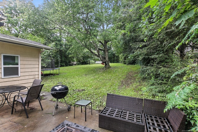 567 Bunker Hill Ave, Waterbury, CT 06708 - view of green lawn with a trampoline, a patio area, view of wooded area, and a fire pit