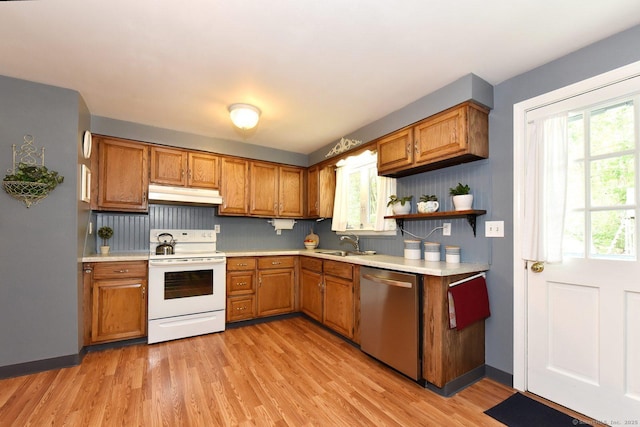 10 Brewer Rd, East Hampton, CT 06424 - kitchen with dishwasher, electric range, under cabinet range hood, a sink, and light countertops