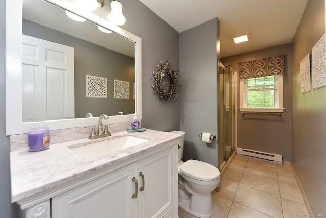 10 Brewer Rd, East Hampton, CT 06424 - full bathroom with a baseboard radiator, toilet, vanity, tile patterned floors, and a shower stall