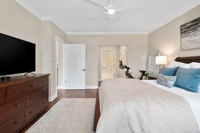 788 Farmington Ave Apt 202, Farmington, CT 06032 - bedroom featuring crown molding, dark wood-style floors, baseboards, connected bathroom, and a ceiling fan