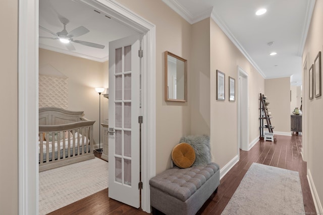 788 Farmington Ave Apt 202, Farmington, CT 06032 - hall featuring crown molding, wood finished floors, baseboards, recessed lighting, and french doors