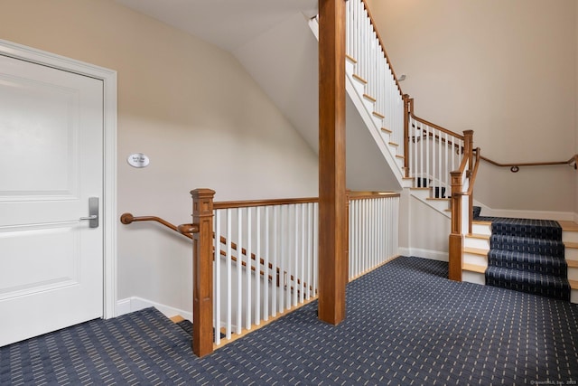 788 Farmington Ave Apt 202, Farmington, CT 06032 - stairs featuring carpet, lofted ceiling, and baseboards
