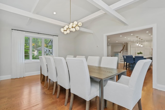 25 Conrad Rd, New Canaan, CT 06840 - dining space featuring stairway, beam ceiling, baseboards, light wood-type flooring, and recessed lighting