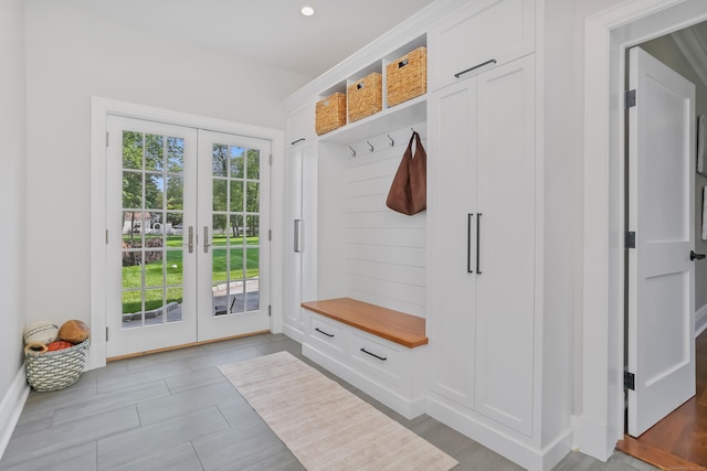 25 Conrad Rd, New Canaan, CT 06840 - mudroom featuring french doors, tile patterned flooring, and recessed lighting
