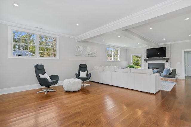 25 Conrad Rd, New Canaan, CT 06840 - living room with wood finished floors, crown molding, a fireplace, baseboards, and recessed lighting