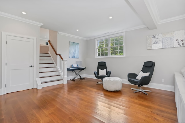 25 Conrad Rd, New Canaan, CT 06840 - living area with stairway, wood finished floors, crown molding, baseboards, and recessed lighting