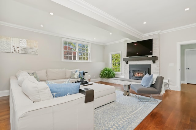 25 Conrad Rd, New Canaan, CT 06840 - living area with baseboards, wood finished floors, ornamental molding, recessed lighting, and a fireplace