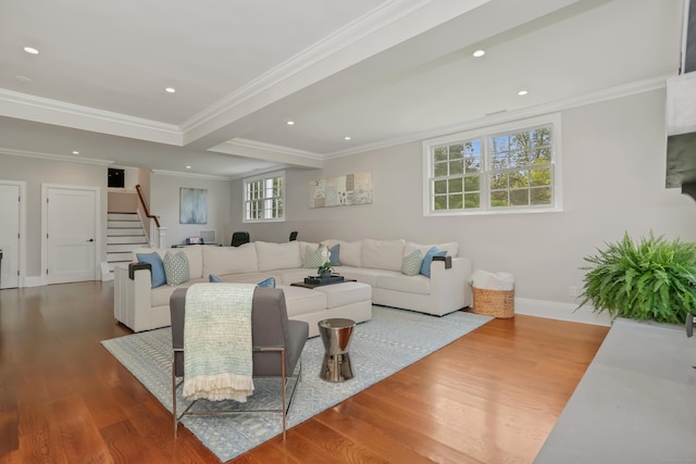 25 Conrad Rd, New Canaan, CT 06840 - living area featuring wood finished floors, stairway, ornamental molding, recessed lighting, and baseboards