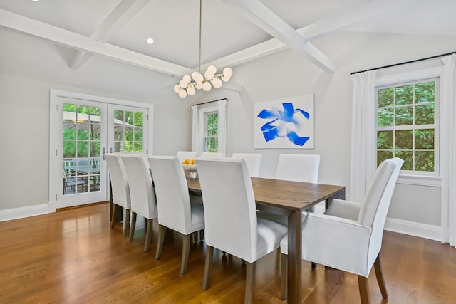 25 Conrad Rd, New Canaan, CT 06840 - dining area featuring wood finished floors, baseboards, beamed ceiling, french doors, and coffered ceiling