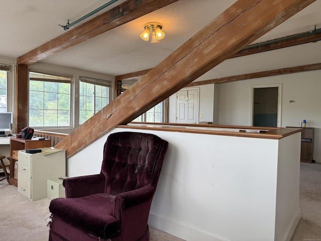 45 Main St Apt 401, Plainfield, CT 06374 - living area with beam ceiling, light colored carpet, an office area, and baseboards