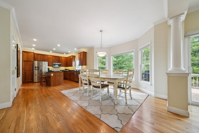 2 Tobins Ct, Danbury, CT 06810 - dining room featuring ornate columns, light wood-style flooring, recessed lighting, and crown molding