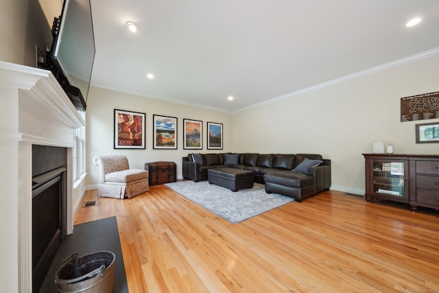 2 Tobins Ct, Danbury, CT 06810 - living room with wood finished floors, ornamental molding, a fireplace, and recessed lighting