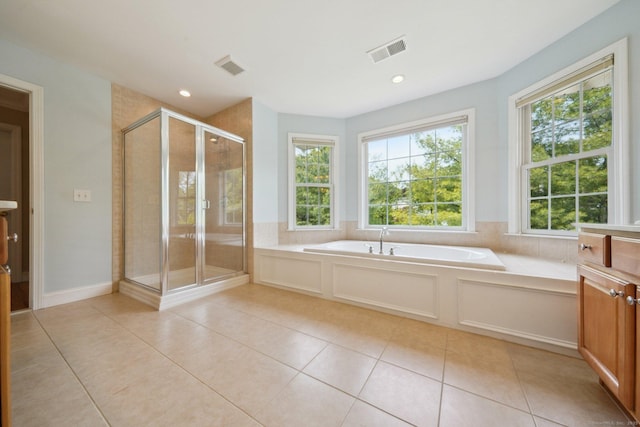2 Tobins Ct, Danbury, CT 06810 - full bathroom featuring a bath, a shower stall, vanity, tile patterned flooring, and recessed lighting