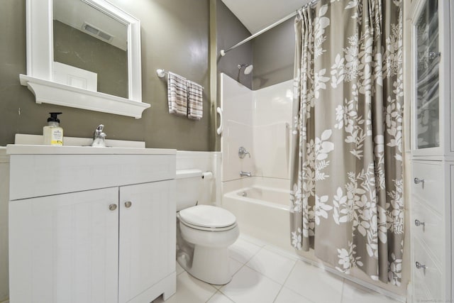 2 Tobins Ct, Danbury, CT 06810 - bathroom with shower / bathtub combination with curtain, vanity, tile patterned flooring, and a wainscoted wall
