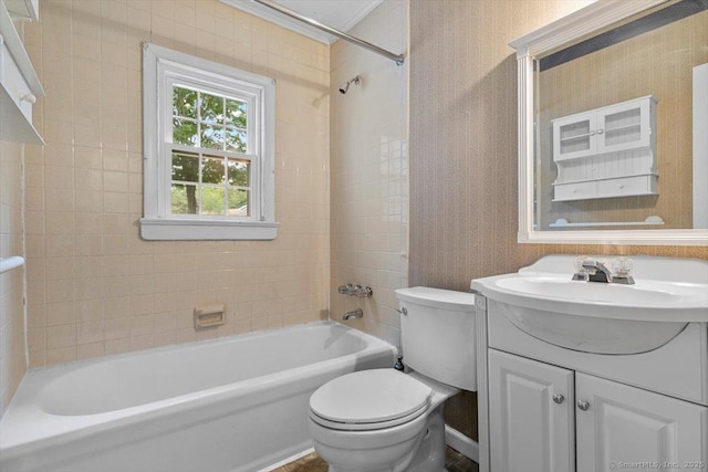 23 Salem Rd, East Hartford, CT 06118 - bathroom featuring toilet, vanity, tub / shower combination, ornamental molding, and wallpapered walls