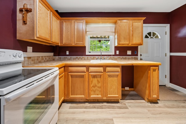 155 Garrigus Ct, Wolcott, CT 06716 - kitchen featuring white electric range oven, a sink, light wood-style floors, tasteful backsplash, and tile counters