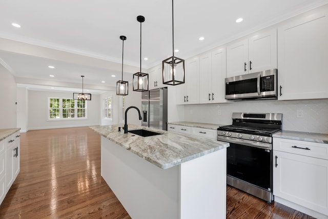 46 N Park St, Ellington, CT 06029 - kitchen with stainless steel appliances, a sink, recessed lighting, a center island with sink, and white cabinets