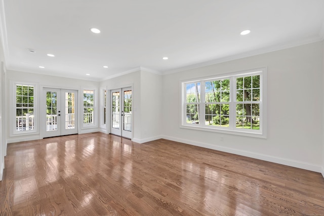 46 N Park St, Ellington, CT 06029 - unfurnished living room with french doors, baseboards, wood finished floors, recessed lighting, and crown molding