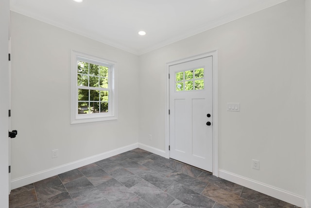 46 N Park St, Ellington, CT 06029 - entrance foyer featuring healthy amount of natural light, baseboards, crown molding, dark stone finish flooring, and recessed lighting