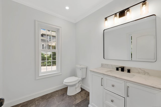 46 N Park St, Ellington, CT 06029 - bathroom with baseboards, vanity, toilet, ornamental molding, and stone finish flooring