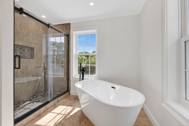 46 N Park St, Ellington, CT 06029 - bathroom with a freestanding tub, baseboards, a shower stall, recessed lighting, and crown molding