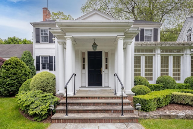 130 Easton Rd, Westport, CT 06880 - property entrance with a chimney