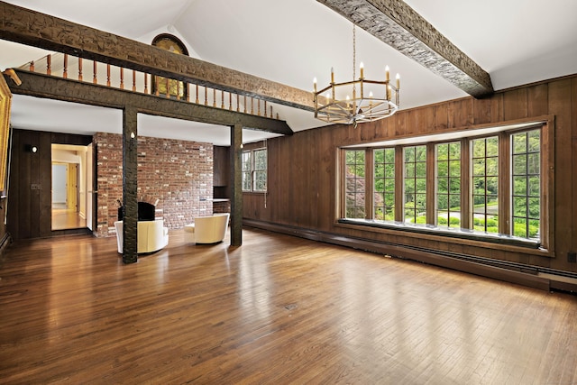 130 Easton Rd, Westport, CT 06880 - unfurnished living room with a baseboard radiator, wooden walls, a chandelier, hardwood / wood-style flooring, and beamed ceiling