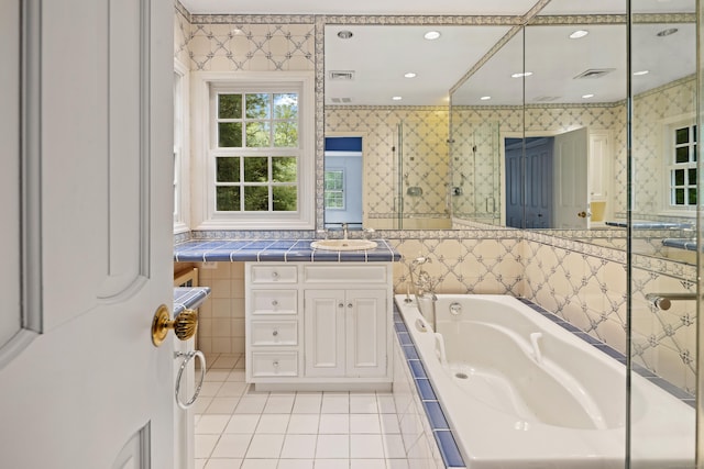 130 Easton Rd, Westport, CT 06880 - bathroom with a bath, tile patterned floors, vanity, and recessed lighting
