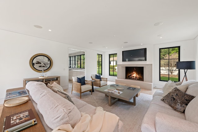 7 Dairy Rd, Greenwich, CT 06830 - living area featuring a warm lit fireplace and recessed lighting