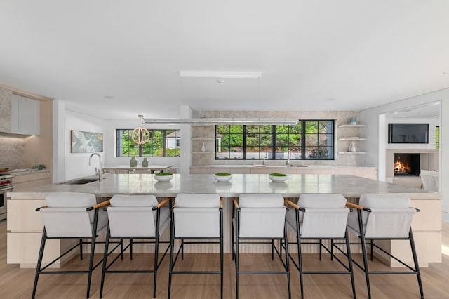 7 Dairy Rd, Greenwich, CT 06830 - kitchen featuring a sink, a spacious island, a warm lit fireplace, light wood-style floors, and stainless steel stove
