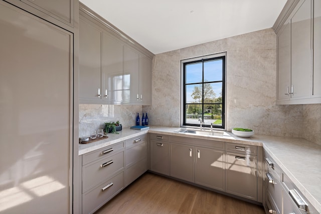 7 Dairy Rd, Greenwich, CT 06830 - kitchen featuring a sink, gray cabinets, light countertops, backsplash, and paneled built in fridge