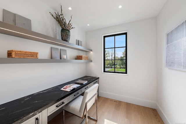 7 Dairy Rd, Greenwich, CT 06830 - office with built in study area, baseboards, light wood-type flooring, and recessed lighting