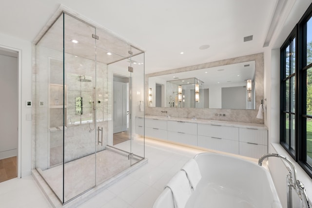 7 Dairy Rd, Greenwich, CT 06830 - full bath featuring a bath, a shower stall, double vanity, and tile patterned flooring