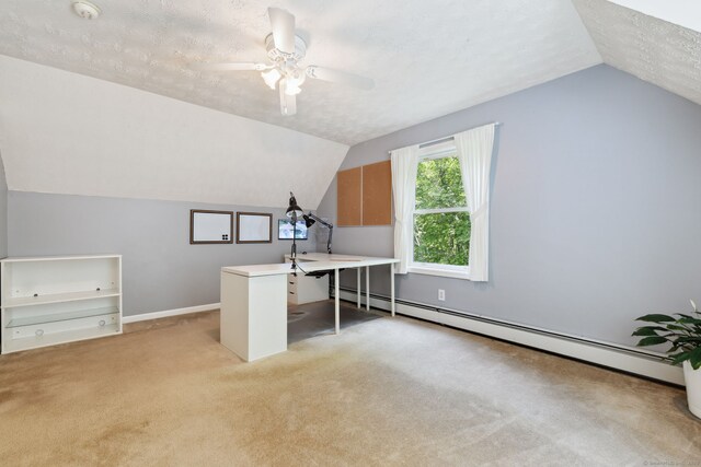 21 Dilaj Dr, Columbia, CT 06237 - office area with a baseboard heating unit, vaulted ceiling, light colored carpet, a ceiling fan, and a textured ceiling