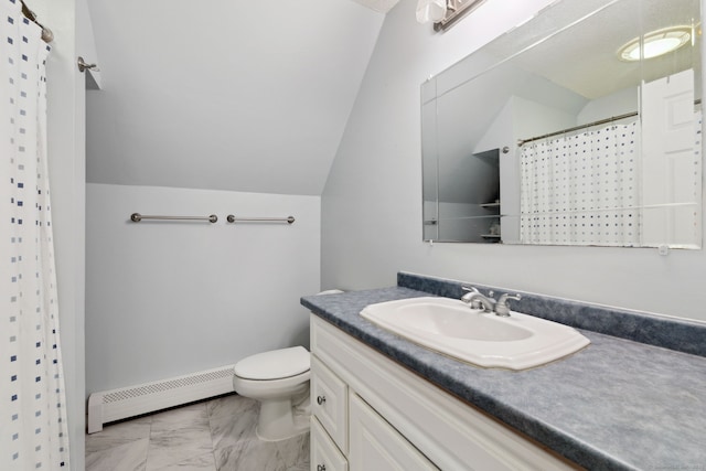 21 Dilaj Dr, Columbia, CT 06237 - bathroom with baseboard heating, vanity, marble look tile flooring, toilet, and lofted ceiling