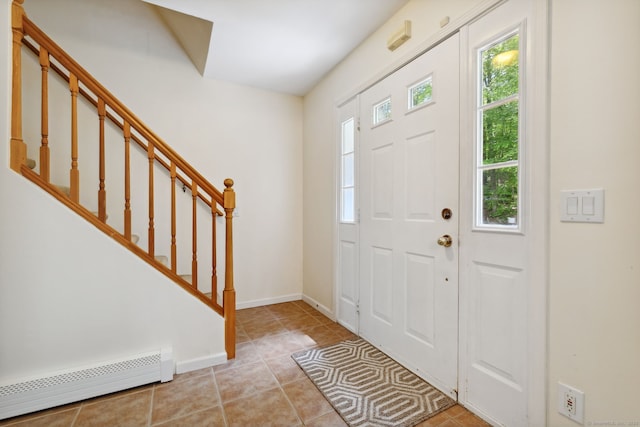 21 Dilaj Dr, Columbia, CT 06237 - entryway with a baseboard radiator, stairway, tile patterned floors, and baseboards