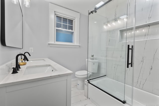 452 New Haven Ave, Derby, CT 06418 - bathroom featuring double vanity, marble look tile flooring, combined bath / shower with glass door, and toilet