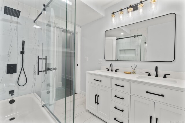 452 New Haven Ave, Derby, CT 06418 - full bathroom featuring double vanity, baseboards, and marble look tile flooring