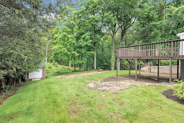 325 River Rd, Hamden, CT 06518 - view of green lawn featuring stairs and a wooden deck