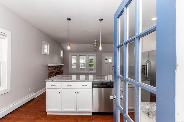 15 Seneca Rd, Middlefield, CT 06455 - kitchen featuring dishwasher, a baseboard heating unit, white cabinets, decorative light fixtures, and dark wood finished floors