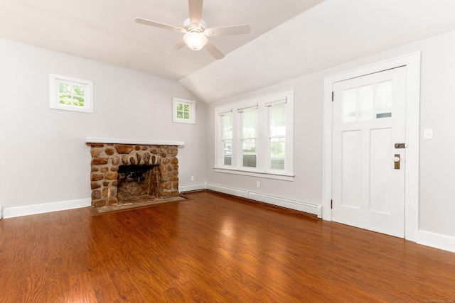 15 Seneca Rd, Middlefield, CT 06455 - unfurnished living room with a baseboard heating unit, wood finished floors, plenty of natural light, ceiling fan, and lofted ceiling