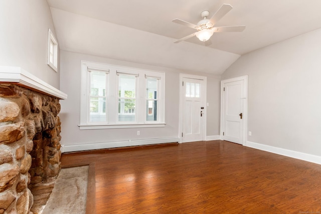 15 Seneca Rd, Middlefield, CT 06455 - unfurnished living room with baseboard heating, lofted ceiling, wood finished floors, a ceiling fan, and healthy amount of natural light