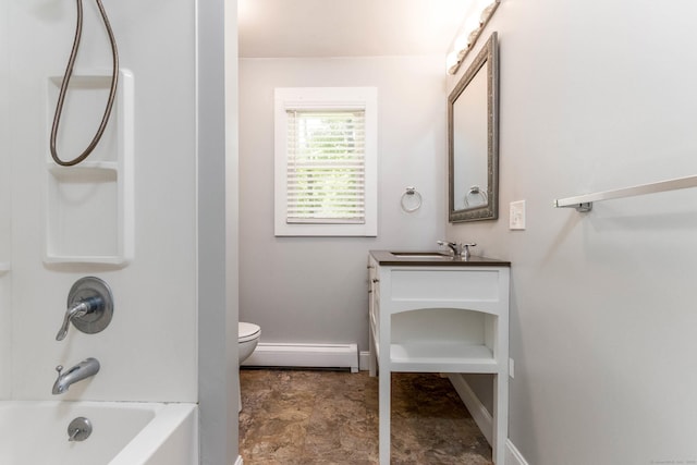 15 Seneca Rd, Middlefield, CT 06455 - bathroom featuring a baseboard heating unit, vanity, shower / bathtub combination, toilet, and baseboards