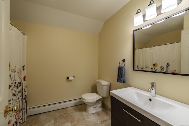 97 Spring Wood Ln, Bloomfield, CT 06002 - full bath featuring baseboard heating, vaulted ceiling, vanity, and toilet