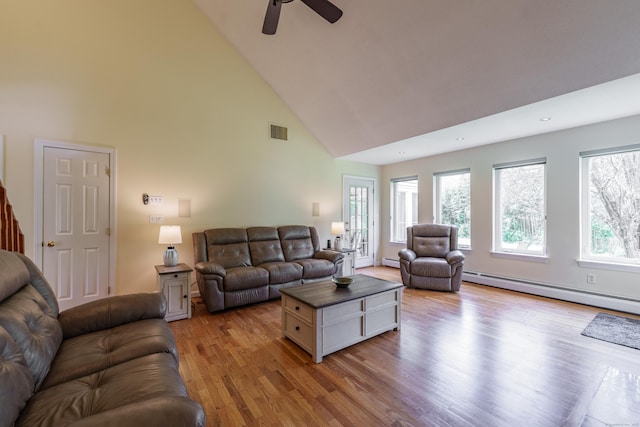 97 Spring Wood Ln, Bloomfield, CT 06002 - living room featuring high vaulted ceiling, a baseboard radiator, ceiling fan, and light wood-type flooring