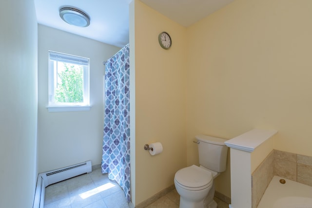 97 Spring Wood Ln, Bloomfield, CT 06002 - bathroom featuring toilet, a baseboard heating unit, tile patterned floors, and a shower with shower curtain