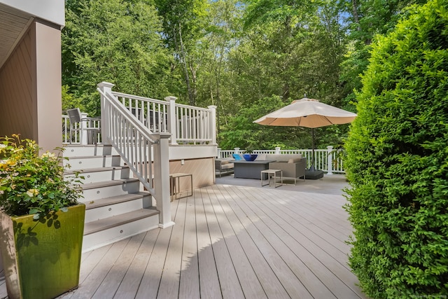 227 Dublin Hill Rd, Southbury, CT 06488 - wooden deck featuring an outdoor hangout area, stairs, and view of scattered trees