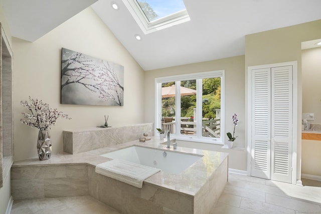 227 Dublin Hill Rd, Southbury, CT 06488 - bathroom with a closet, lofted ceiling, a bath, tile patterned flooring, and recessed lighting