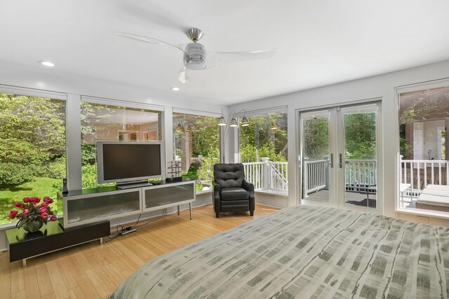 227 Dublin Hill Rd, Southbury, CT 06488 - bedroom featuring access to outside, wood finished floors, recessed lighting, and ceiling fan